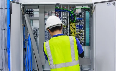 Electrician with a screwdriver macro connect wires on the background of electrical cabinet with relays and terminal blocks.